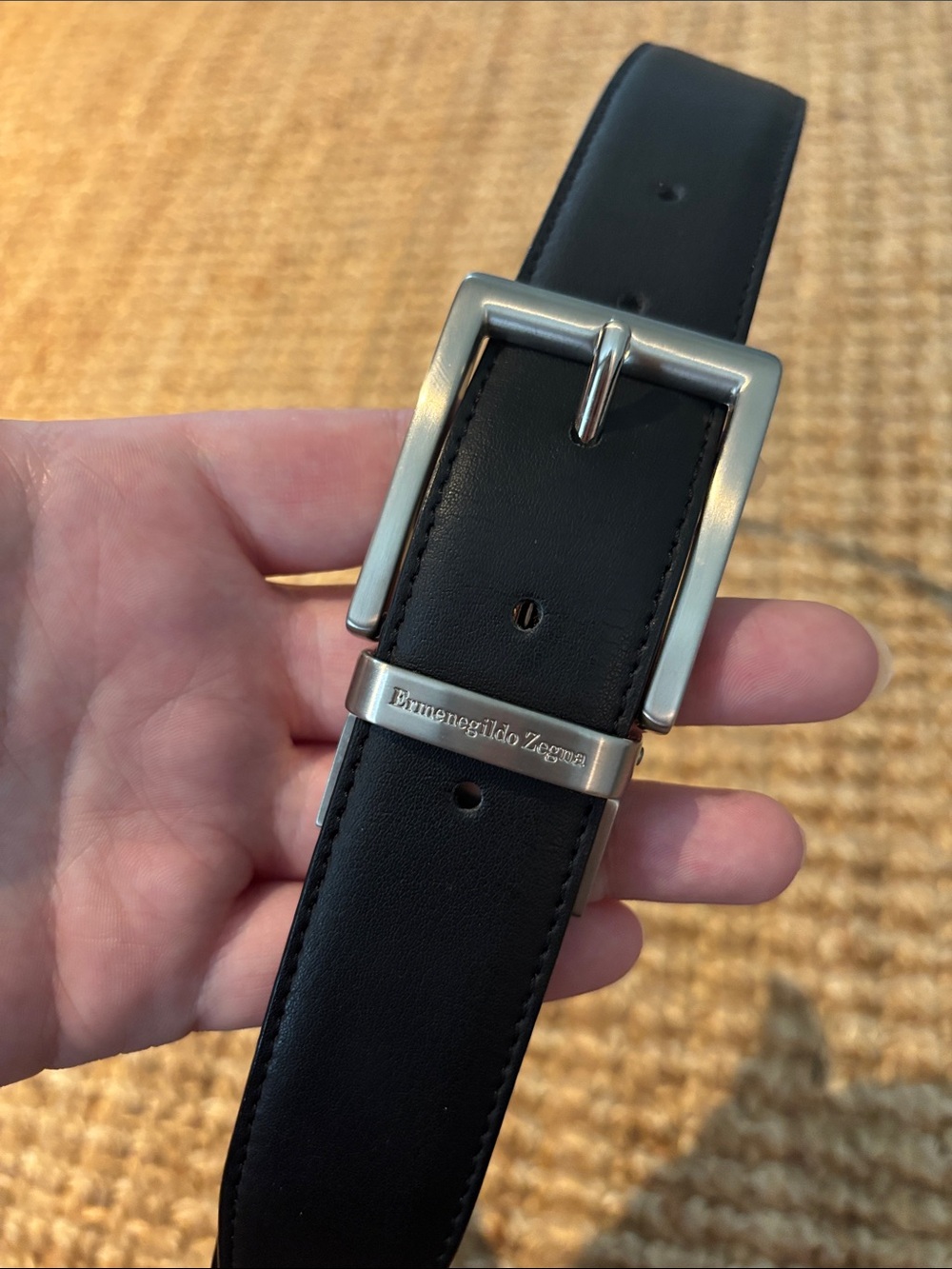 Ermenegildo Zegna Black Leather Belt with Silver-Tone Buckle and Branded Keeper